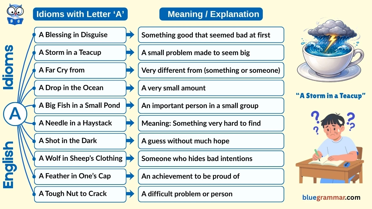 Idioms Starting with Letter A (Meanings and Examples)