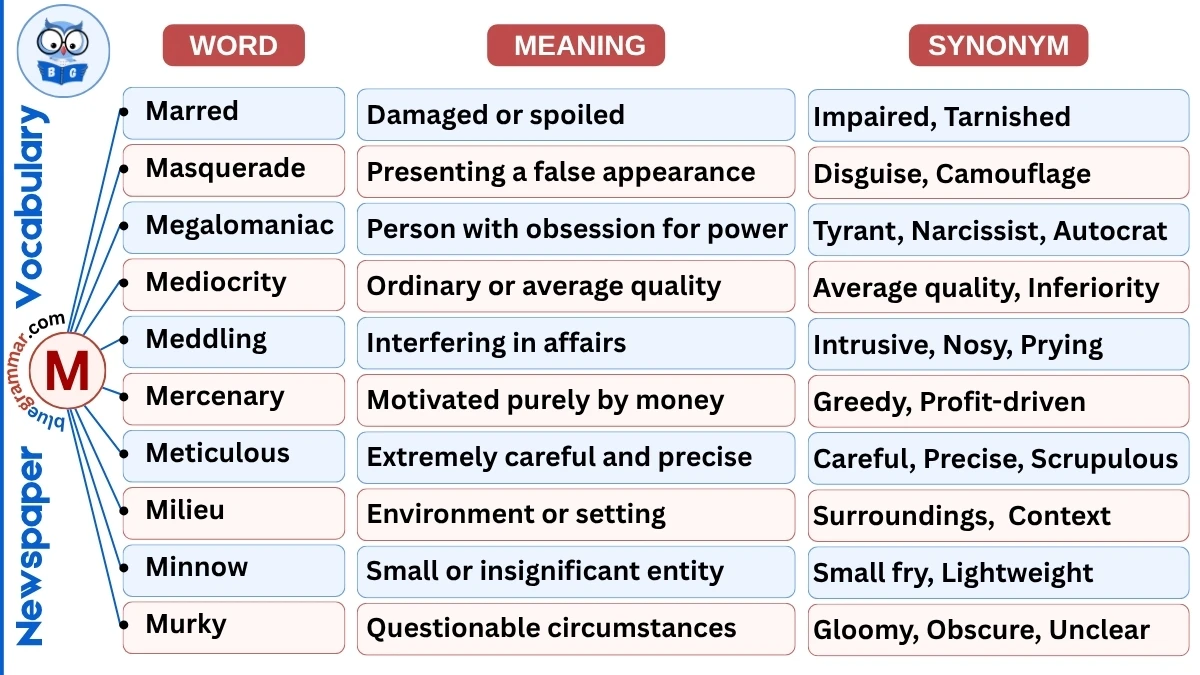 Newspaper Vocabulary Words Starting with M (With Meanings & Examples)