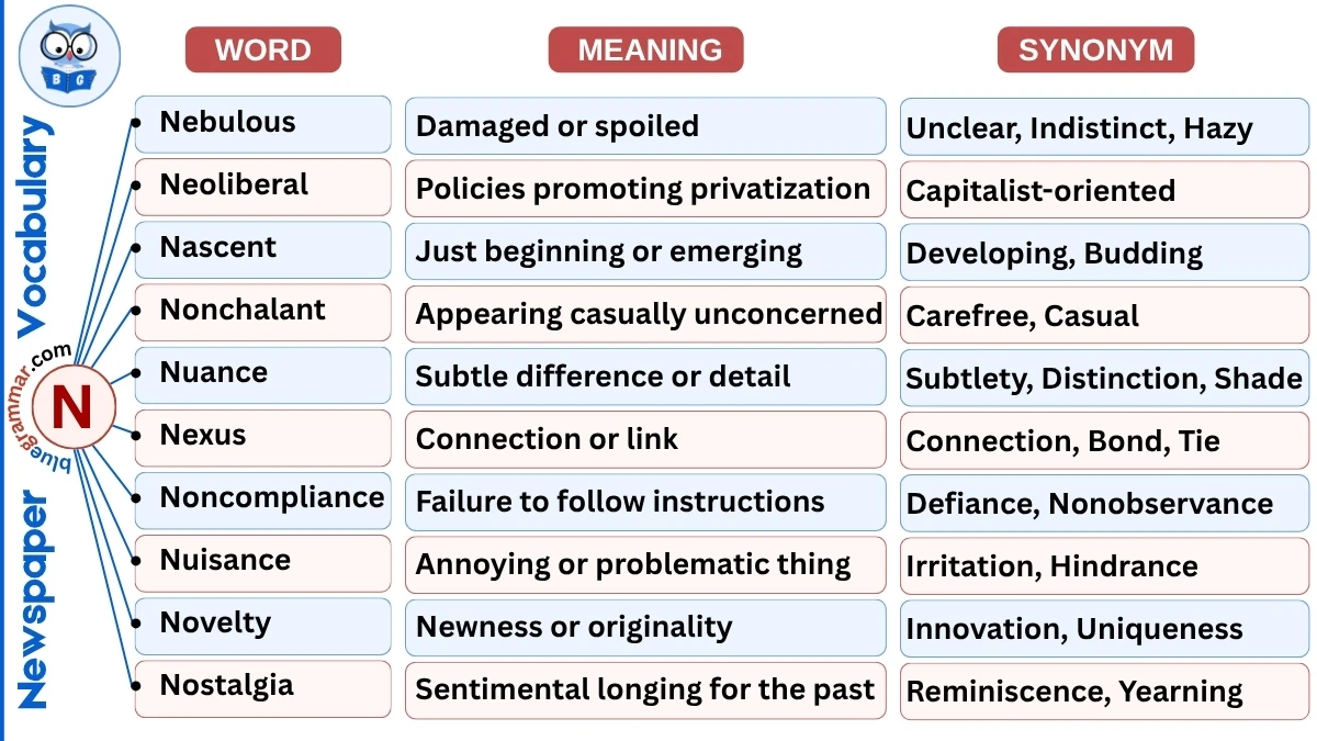 Newspaper Vocabulary Words Starting with N (With Meanings & Examples)