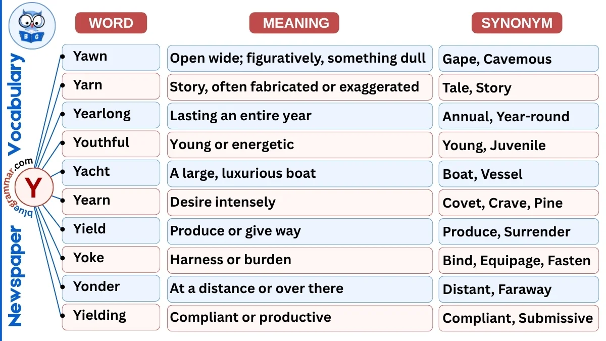 Newspaper Vocabulary Words Starting with Y (With Meanings & Examples)